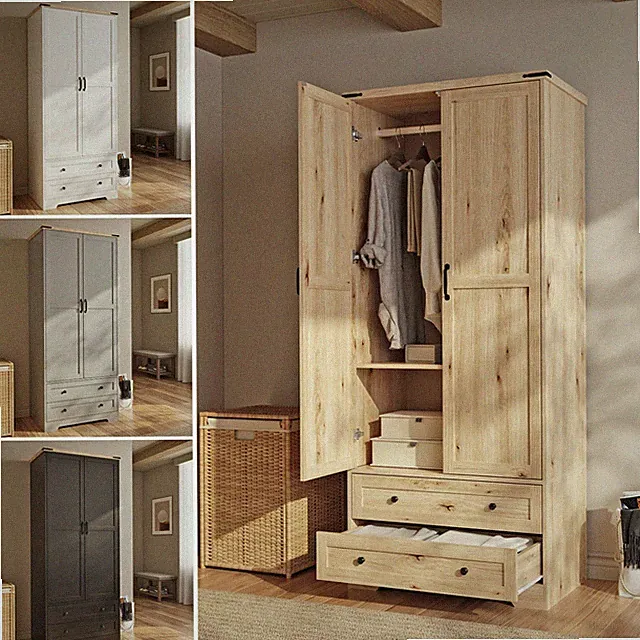 Kleiderschrank 2 Türen 2 Schubladen getäfelt mit Eichenplatte Hängeschiene freistehend Stauraum