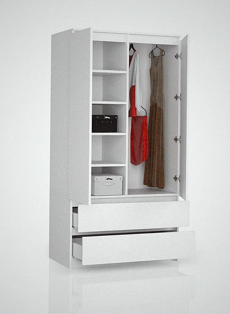 Kleiderschrank 2 Türen, 4 Einlegeböden, Kleiderbügel, 2 Schubladen 180x90x51cm