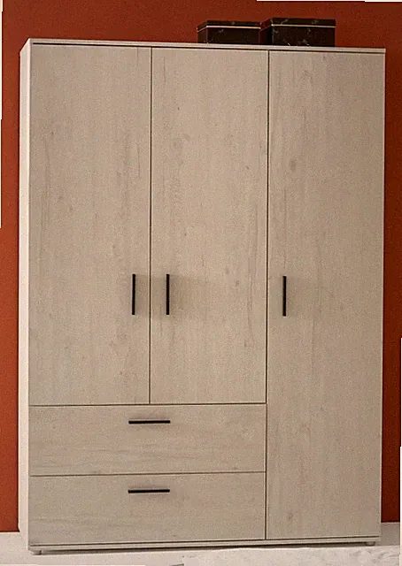 Kleiderschrank 3-türig 130x188 cm – Nordic Wood – mit Schubladen, Kleiderstange