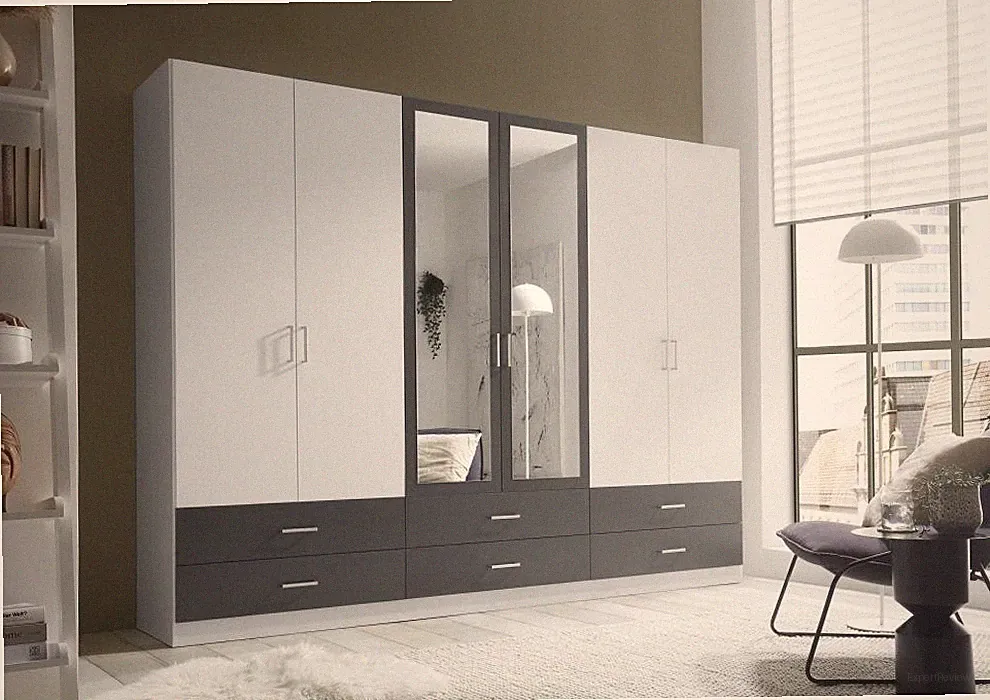 Kleiderschrank 6-trg. mit Spiegel ca. 272 x 211 x 55 cm JANNE Weiß/Graphit