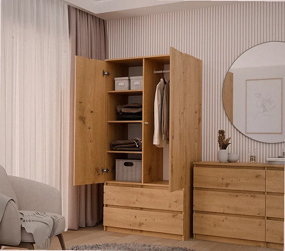 Kleiderschrank 90cm Breit mir 4 Fächern 2 Schubladen und 2 Türen Eiche Artisan