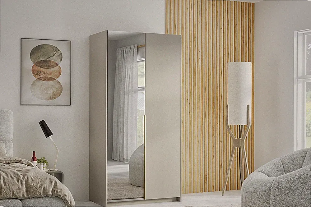 Kleiderschrank ALVA 100 cm Kaschmir Schrank mit Spiegel Griff in Goldoptik