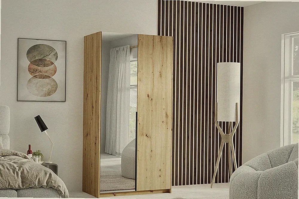 Kleiderschrank ALVA 100 cm mit Spiegel Schrank Artisan Eiche mit schwarzem Griff