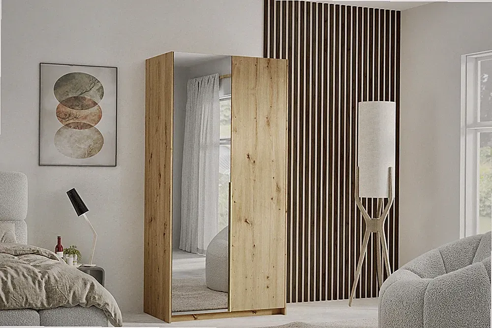 Kleiderschrank ALVA 100 cm Schrank mit Spiegel Artisan Eiche Griff in Goldoptik