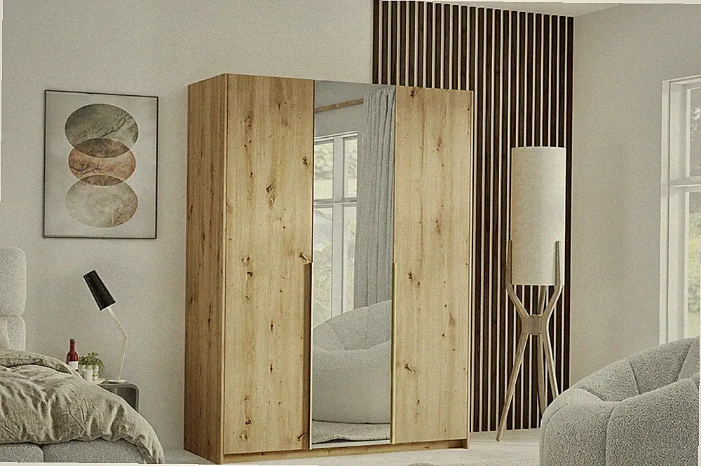 Kleiderschrank ALVA 148 cm Schrank in Artisan Eiche Spiegel Griff in Goldoptik