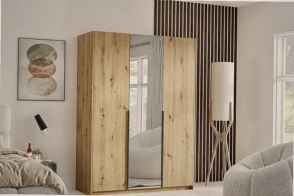 Kleiderschrank ALVA 148 cm Schrank in Artisan Eiche Spiegel Griff in Schwarz