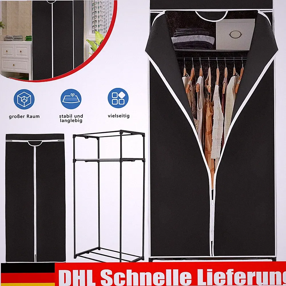 Kleiderschrank aus Stoff Faltbar Metallgestell Kleiderstange Ablage Staubschutz