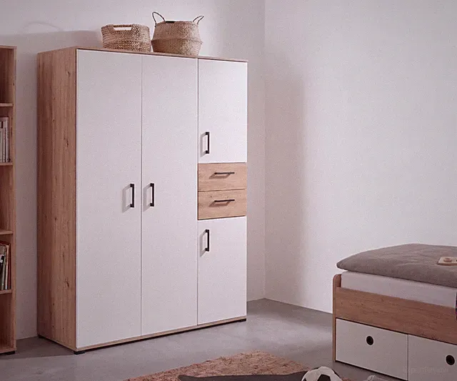 Kleiderschrank Bente 4-türig 2 Schubkästen Weiß / Artisan Oak Dekor