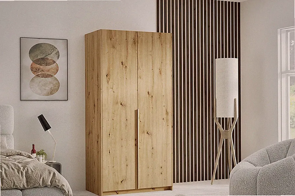 Kleiderschrank BRUNO 100 cm Schrank in Artisan Eiche mit Griff in Goldoptik
