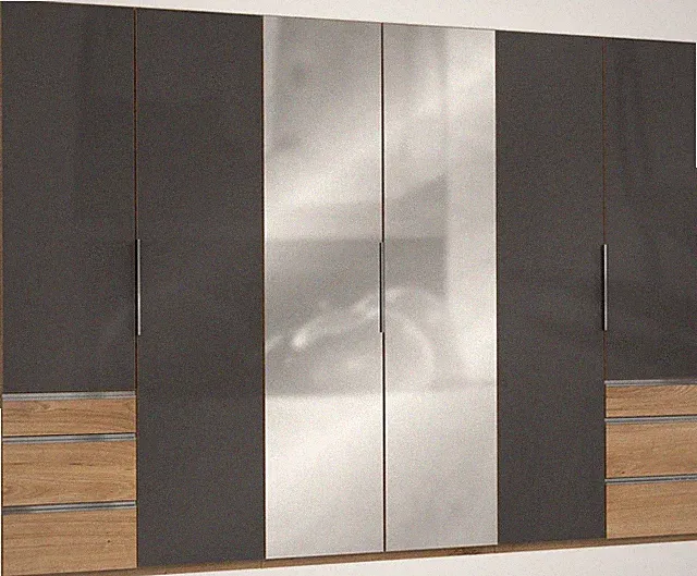 Kleiderschrank Drehtürenschrank Level 300x58x216cm plankeneiche grauglas Spiegel