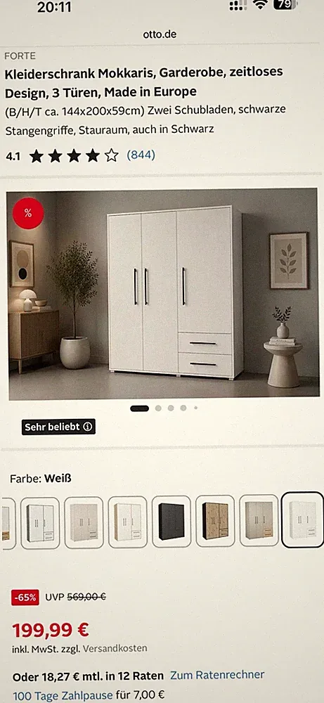 Kleiderschrank FORTE Mokkari, weiß – 3 Türen
