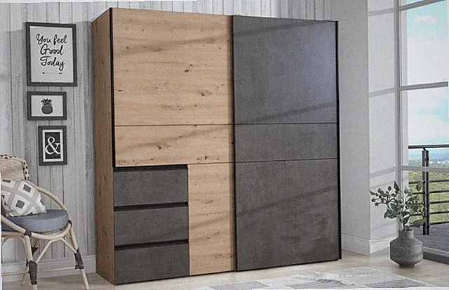 Kleiderschrank Garderobenschrank Schwebetürenschrank WINN Artisan Eiche Beton