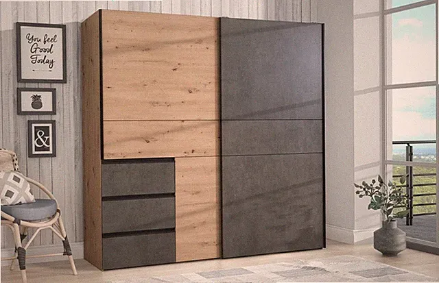 Kleiderschrank Garderobenschrank Schwebetürenschrank WINN Artisan Eiche Beton