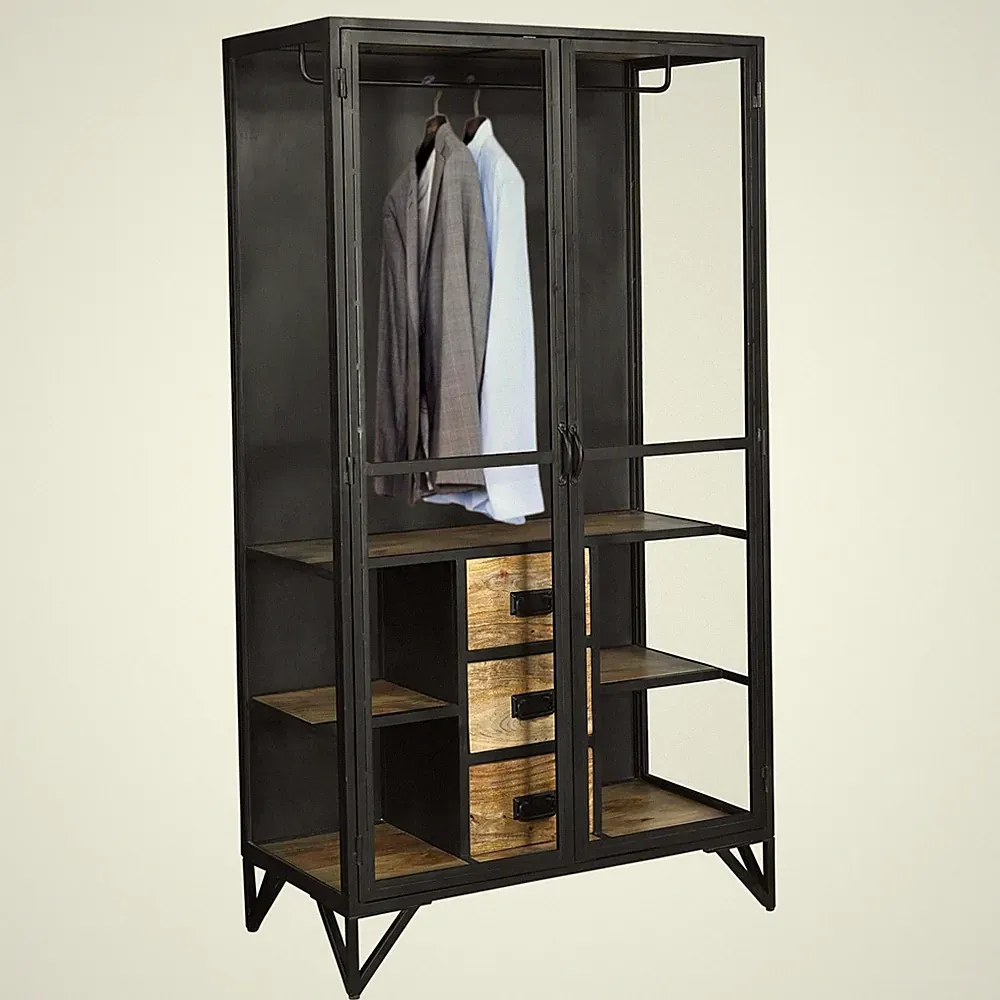 Kleiderschrank Glas BARBAR schwarz Metall & Mangoholz Industrial Style Design