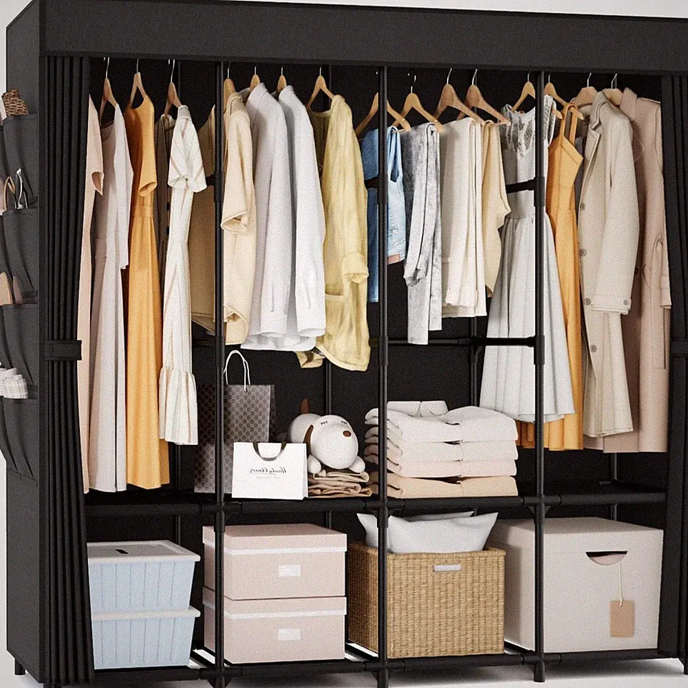 Kleiderschrank Großer Stoffschrank mit 4 Kleiderstangen und Staubsicht Schwarz