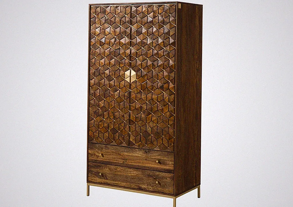 Kleiderschrank massiv Schrank groß Vintage Art déco Kleiderstange Gold