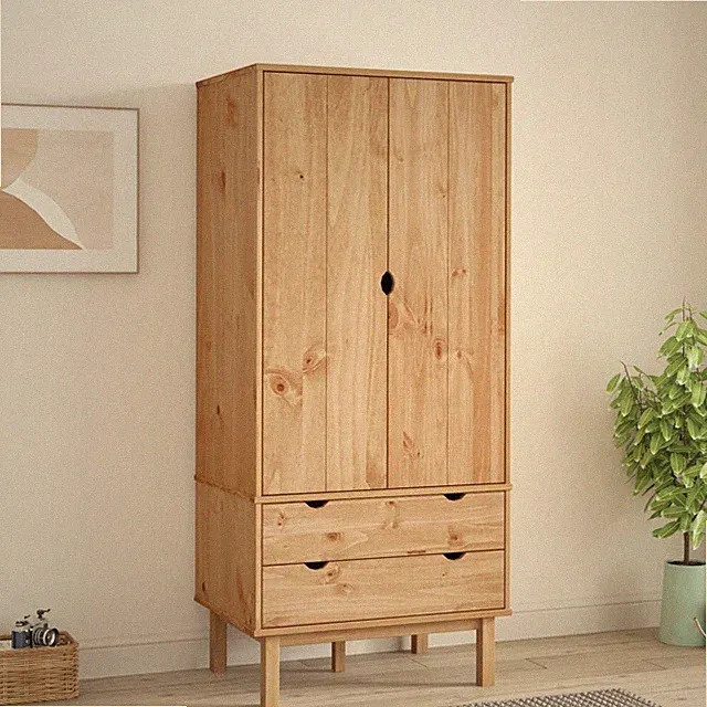 Kleiderschrank Massivholz Kiefer Garderobenschrank Kleiderständer 2 Schubladen