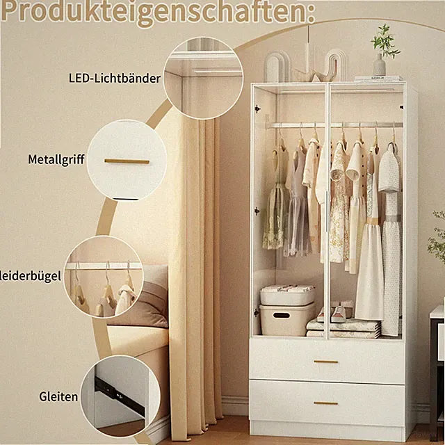 Kleiderschrank mit Kommode Glastüren Spind -Kleiderschrank Schrank mit LED Weiß