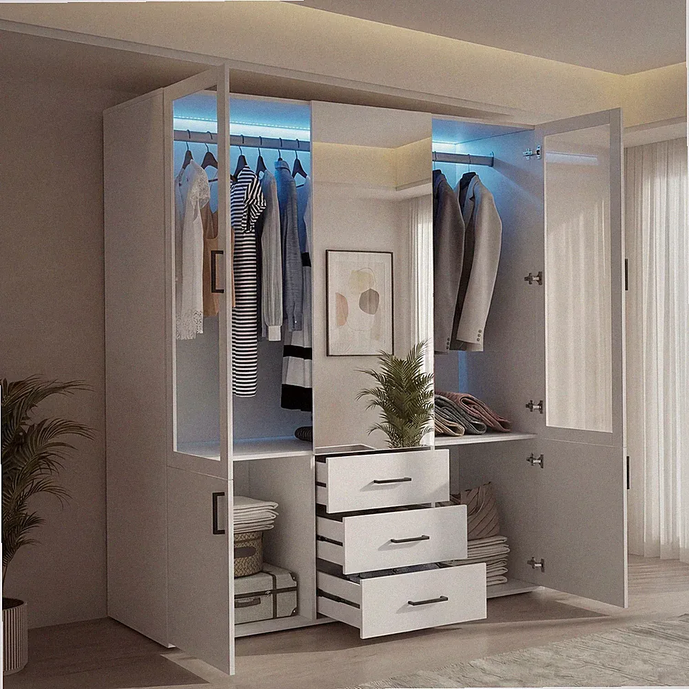 Kleiderschrank mit Spiegel-4 Türen 3 Schubladen, Hochschrank,Schlafzimmerschrank