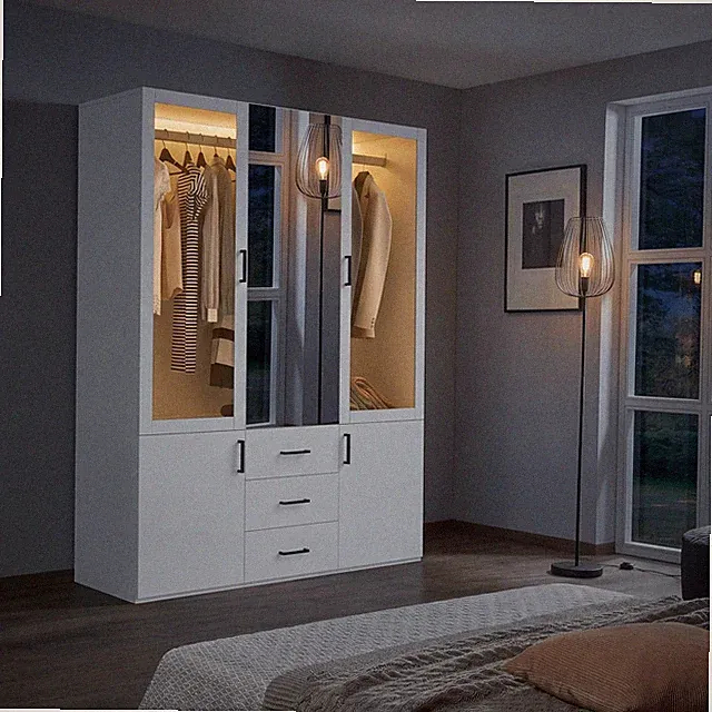 Kleiderschrank mit Spiegel 4 Türen 3 Schubladen Schlafzimmerschrank Hochschrank
