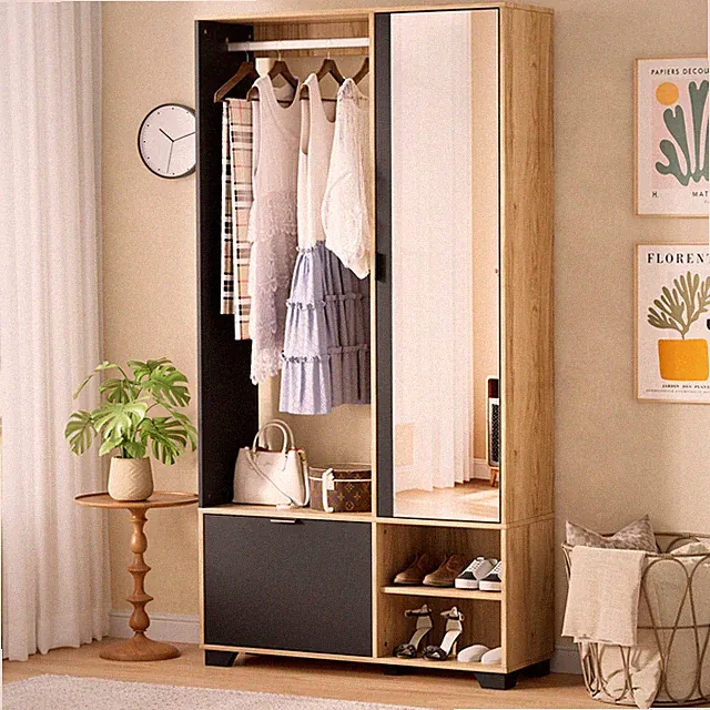 Kleiderschrank mit Spiegel, Kleiderstange Schuhschrank und Fächer Garderoben-Set