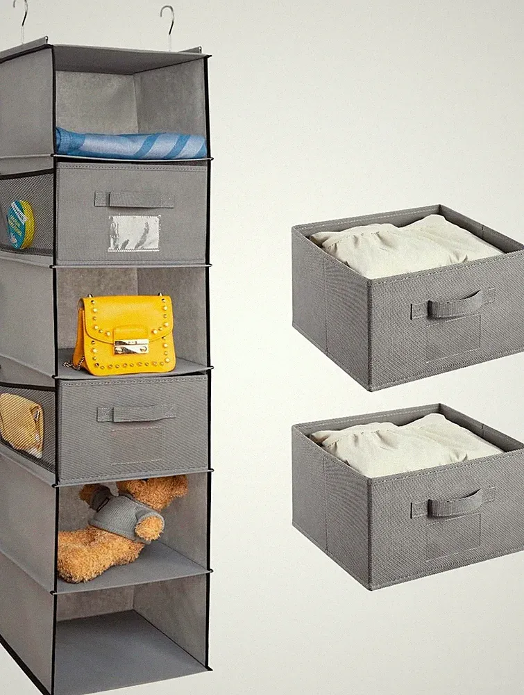Kleiderschrank Organizer mit 6 Fächern und 2 Schubladen - Grau 30 x 30 x 110 cm