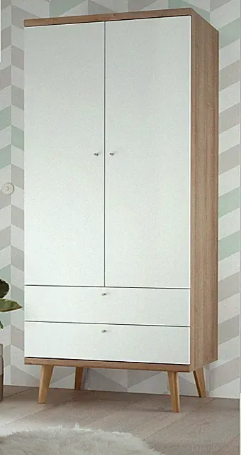 Kleiderschrank Schlafzimmer weiß matt und Eiche Drehtürenschrank 2 türig Helge