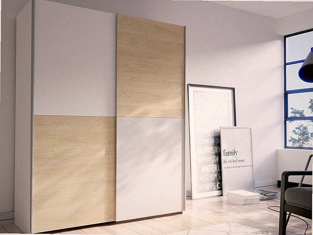 Kleiderschrank Schwebetürenschrank Schrank 2türig B170cm SAVINO Dekor Eiche Weiß