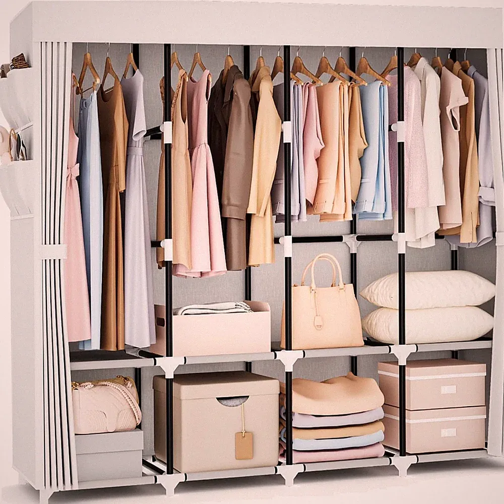 Kleiderschrank Stoff 170cm breit mit 4 Regalen 4 Kleiderstangen stabil weiß