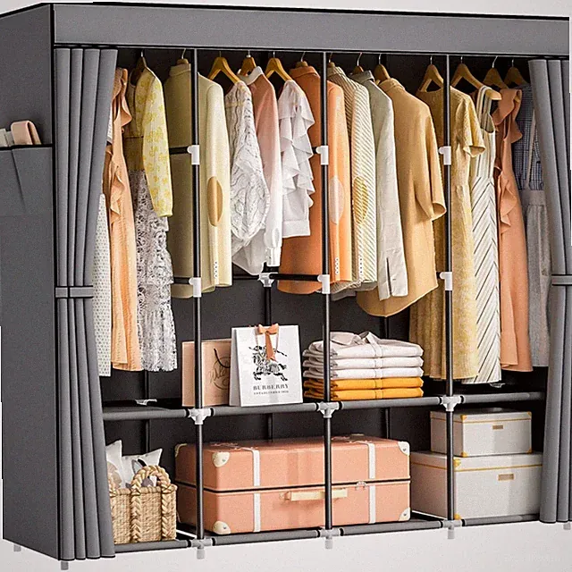 Kleiderschrank Stoff, 4 Kleiderstangen, 8 Fächer, Grau, modern, robust, 168x4...