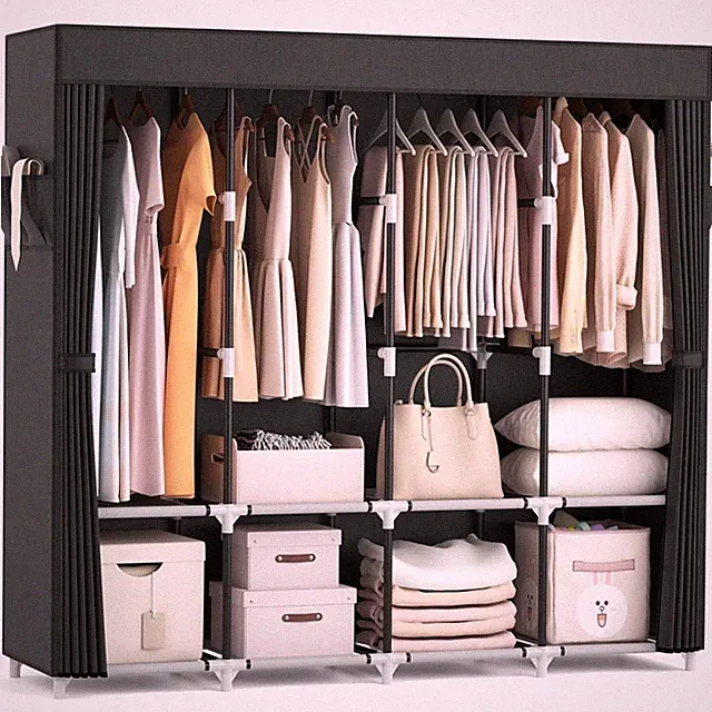 Kleiderschrank, Stoff, portable, 170x45x167cm, 4 Stangen, 4 Regale, schwarz