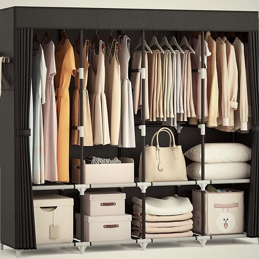 Kleiderschrank Stoffschrank 170x45x167 cm mit 4 Kleiderstangen und Regalen sc...