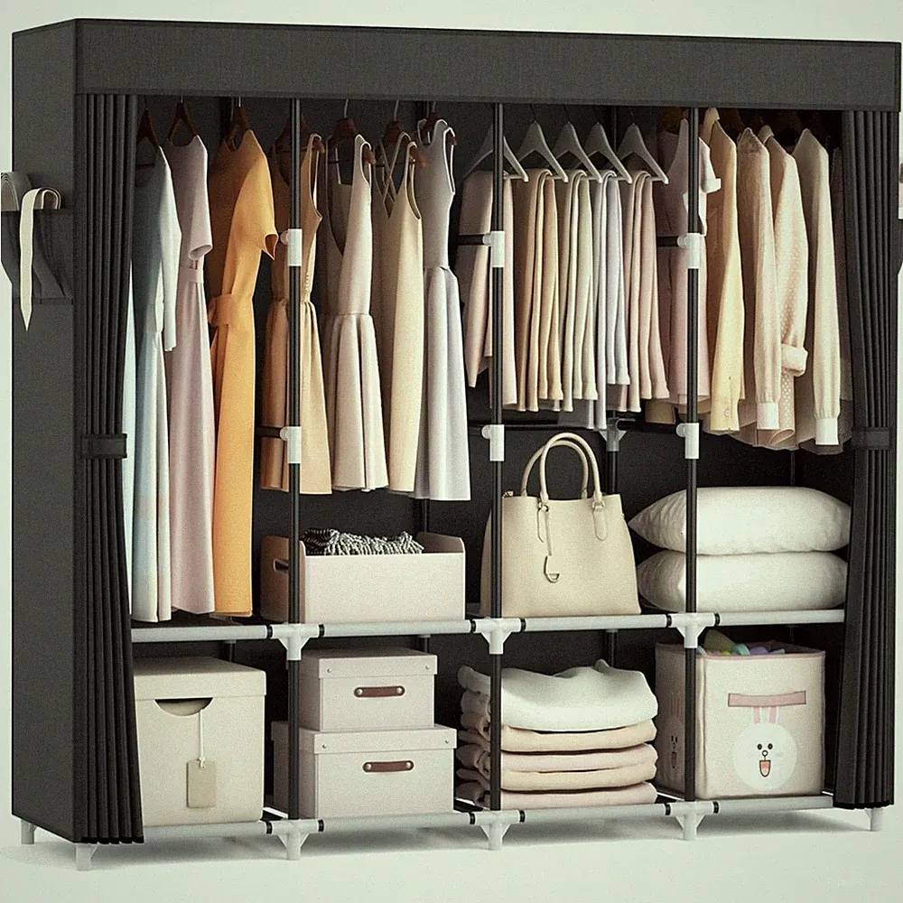 Kleiderschrank Stoffschrank 170x45x167cm 4 Kleiderstangen 8 Regale schwarz