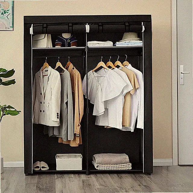 Kleiderschrank Stoffschrank Campingschrank Garderobe mit 2 Kleiderstang RYG02BK