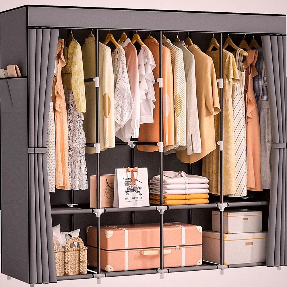Kleiderschrank, Stoffschrank mit 4 Kleiderstange Stabil & 8 Fächern, Faltbare...