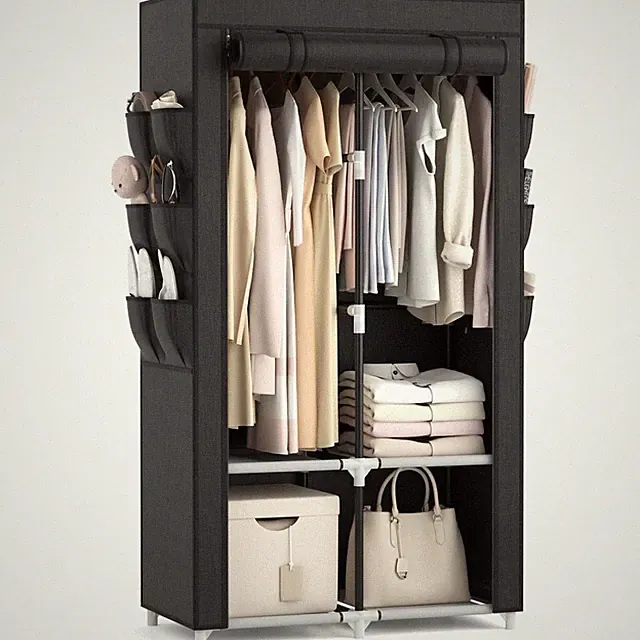 Kleiderschrank Stoffschrank tragbar, 4 Ablagen, 2 Kleiderstangen, 6 Taschen,...