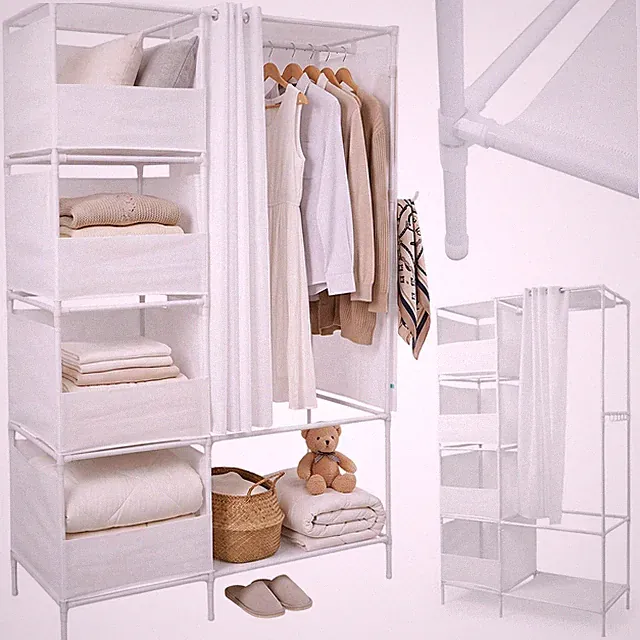 Kleiderschrank Tragbar Canvas-Garderobe Mit Vorhängen und Ablagefächern Weiß NEU