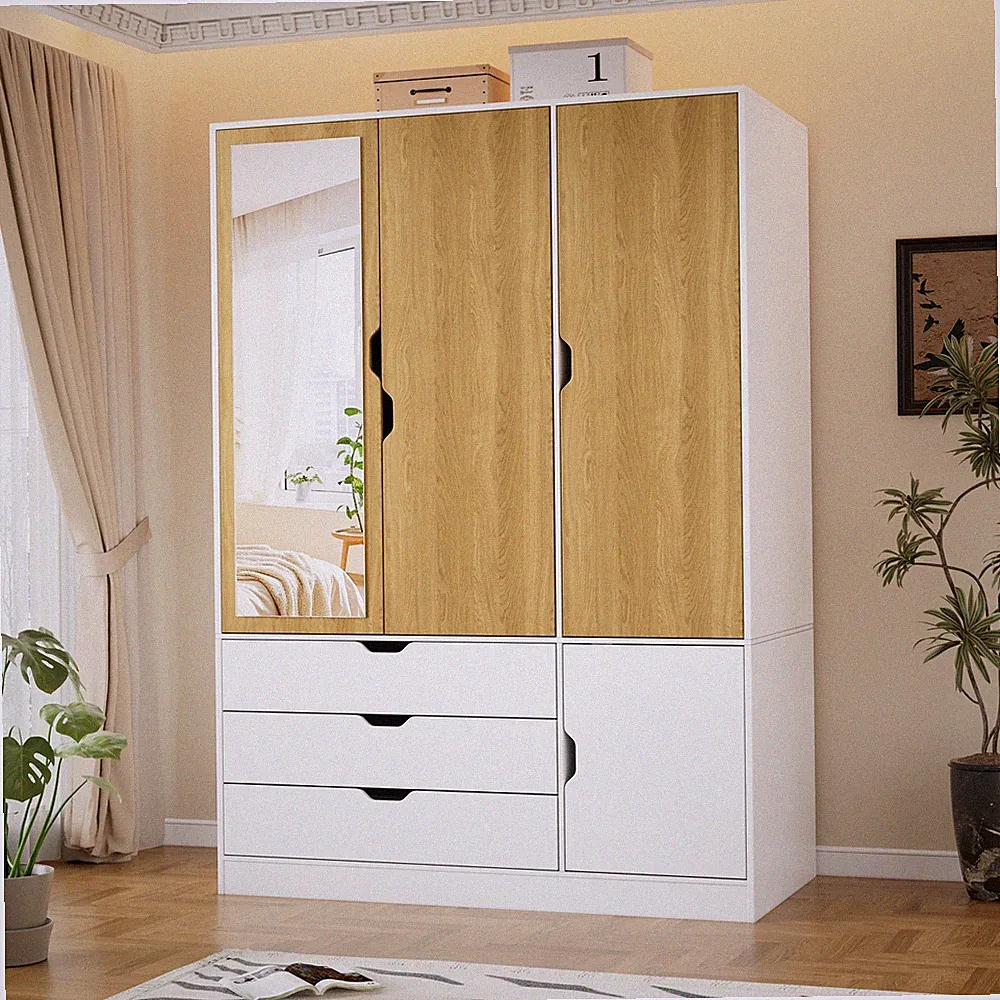 Kleiderschrank Weiß mit Spiegel und LED,4 Türen Garderobenschrank mit Schubladen
