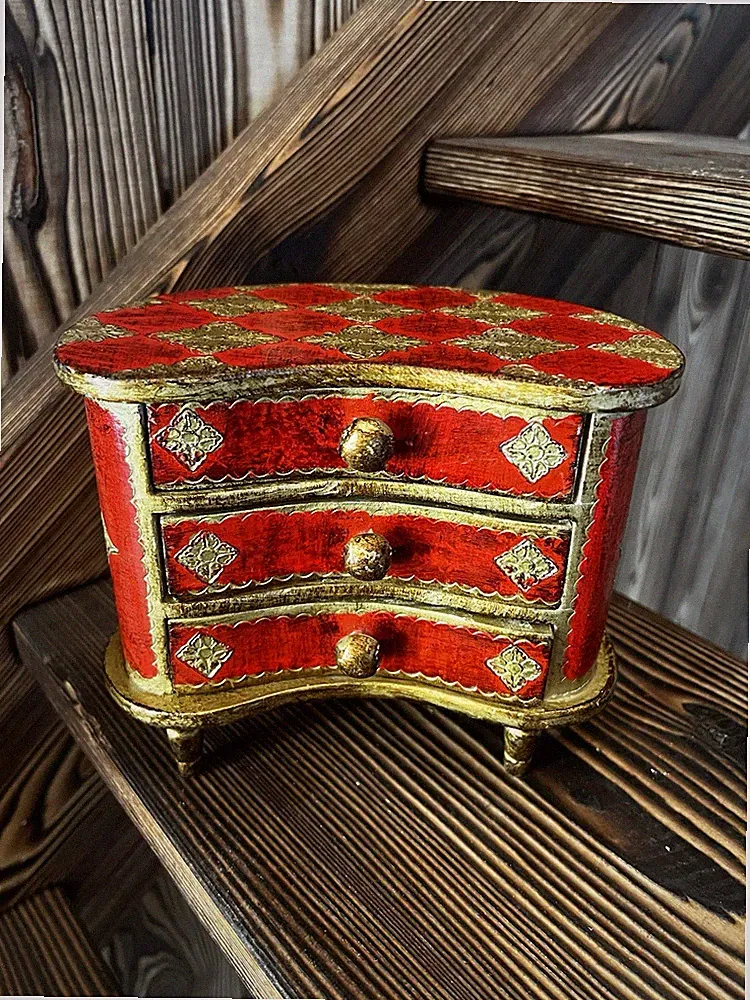 Kleine dekorative Mini-Kommode / Schmuckkästchen – 3 Schubladen – Rot & Gold