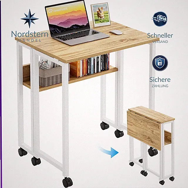 Kleiner Schreibtisch Klappbar mit Rollen 63 cm Beige Platzsparend für