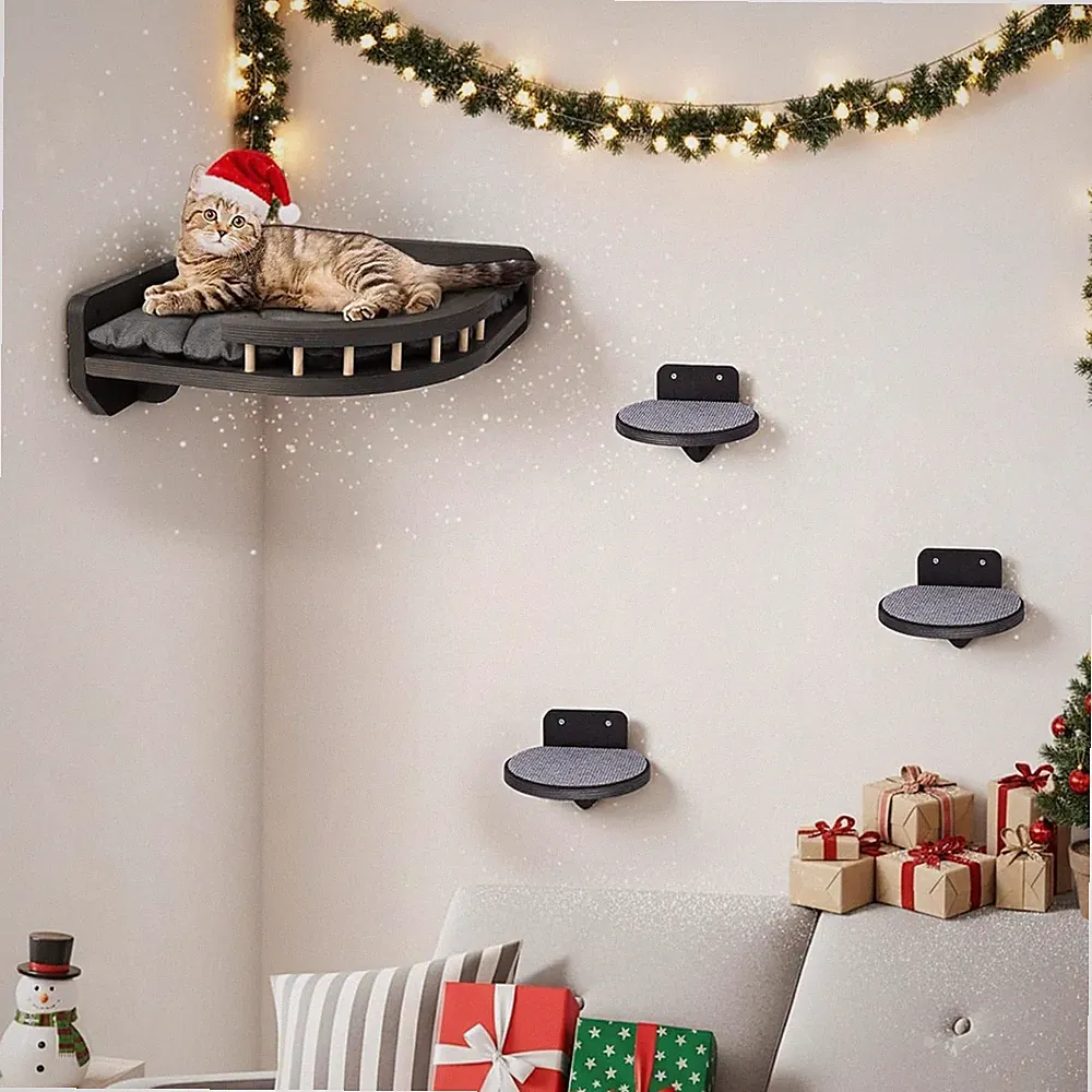 Kletterwand Katzen 4-teilig Set Katzenbett Katzenmöbel Holz, DIY, max. 35kg Grau