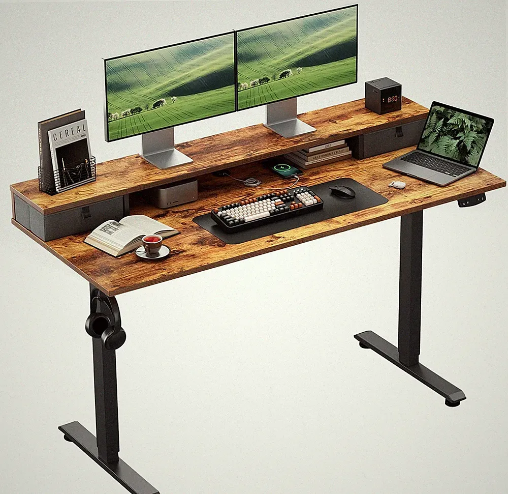 Klicelor Höhenverstellbarer Schreibtisch Doppelschubladen, 140 x 60 cm, Braun