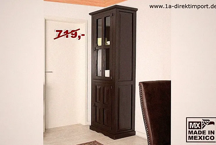 Kolonialstil Vitrinenschrank Vitrine - Pinie - Mexico Kolonial - schwarz-braun