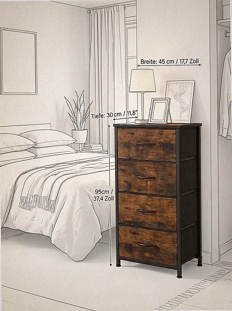 Kommode 4 Schubladen Stoffkommode Schrank Regal Braun Metallrahmen. A-Ware