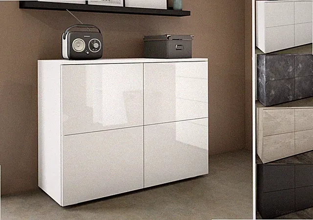 Kommode 4-türig Sideboard Schrank Weiß Hochglanz Garderobe ROVA