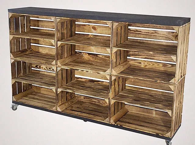 Kommode aus geflammtem Holz auf Rollen, 93x150x30cm Obstkisten DIY Holzbohlen