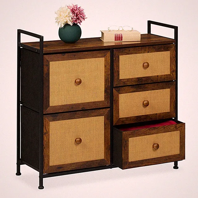 Kommode Beistellschrank Rattan Schrank Kommodenschrank Schränkchen 5 Schubladen