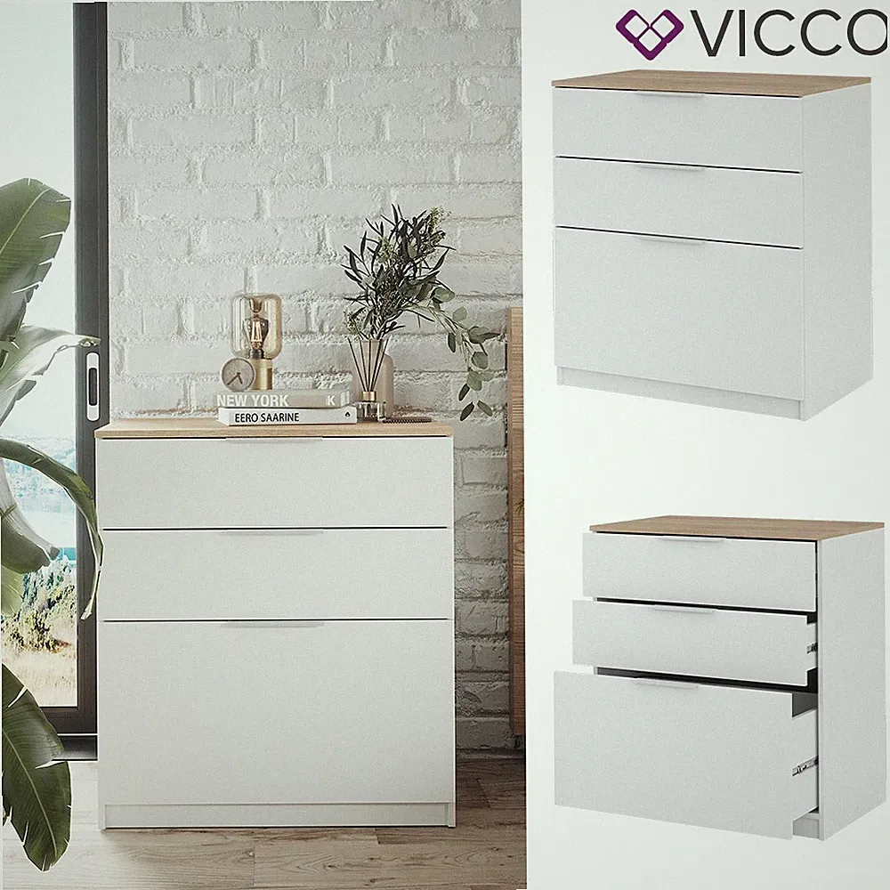 Kommode Betti 80 x 90 cm in Weiß Sonoma, 3 Schubfächer, Schlafzimmer Vicco