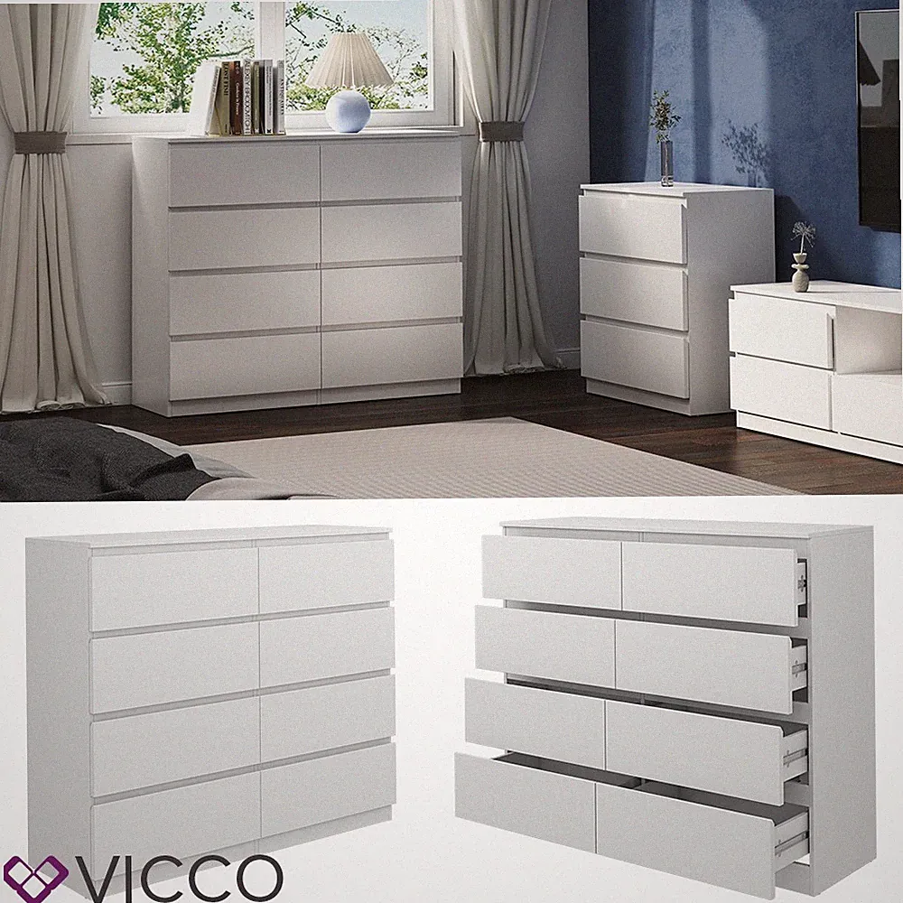 Kommode Calisto Weiß 120 x 101,5 cm mit 8 Schubfächer Sideboard Schrank Vicco