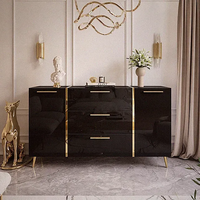 Kommode DIAMANT 158 cm schwarz Hochglanzschwarz gold Beine Sideboard